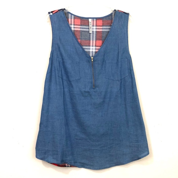 RnB Tops - R n B Chambray and Plaid Cotton Tank